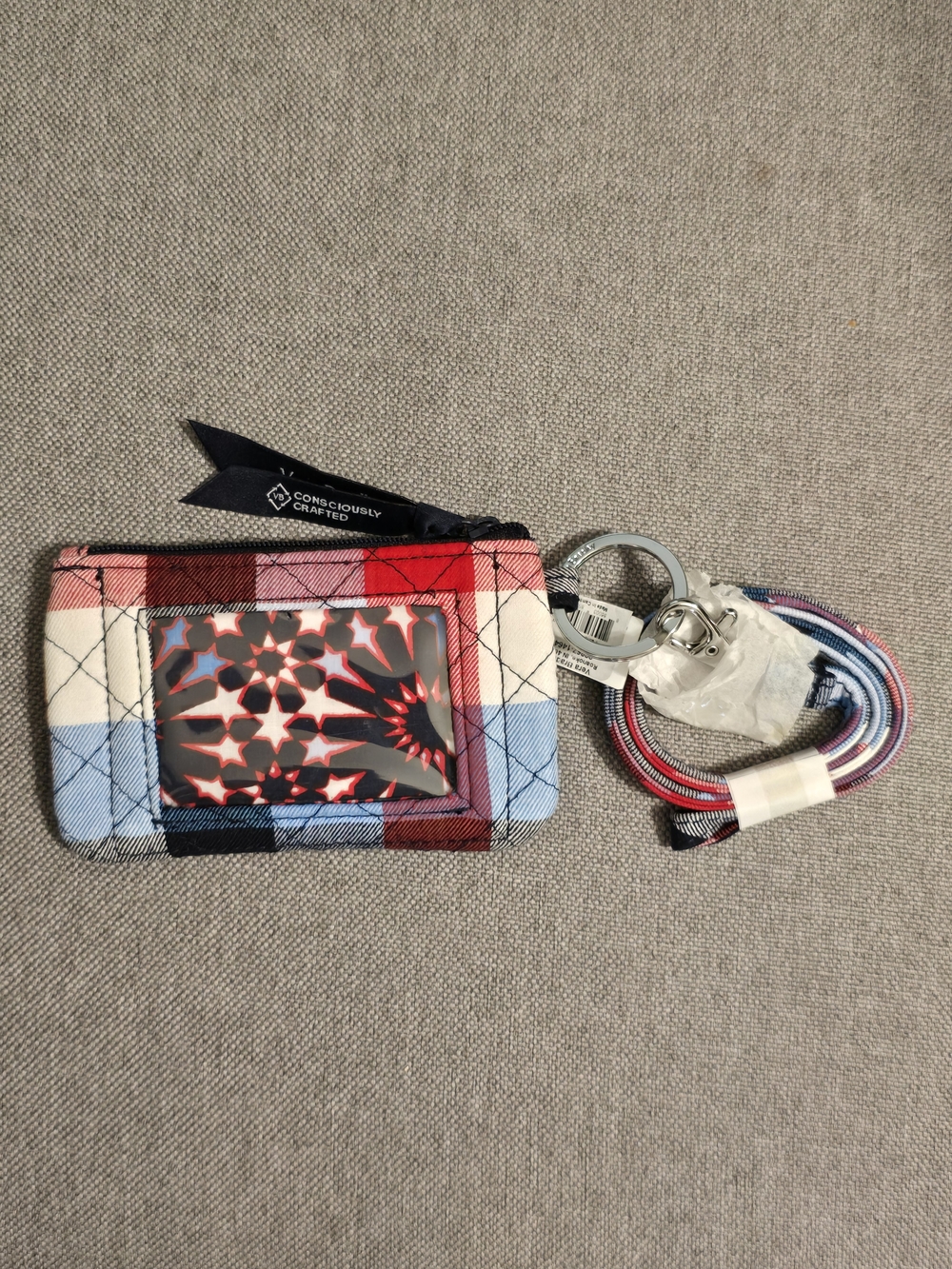 Vera Bradley Zip ID Case in the Patriotic Plaid Pattern with Matching Lanyard
